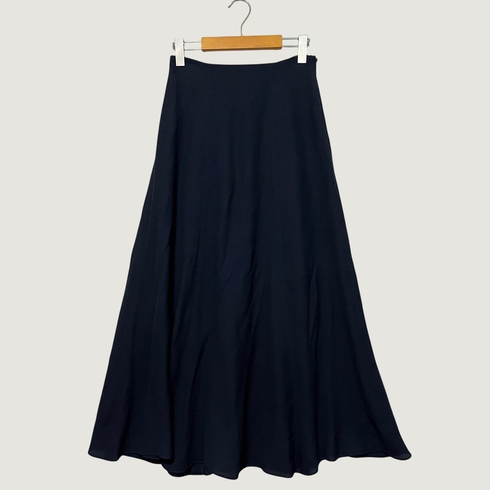 Vintage Ralph Lauren Navy Blue 100% Silk Maxi Skirt Size 6 Flared Classic